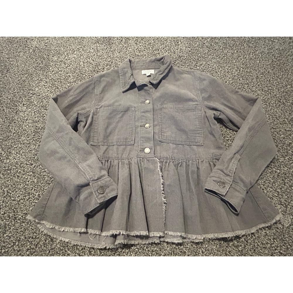 E25 Mud Pie Corduroy Peplum Shacket Grey Button Down Frayed Hem Size Small